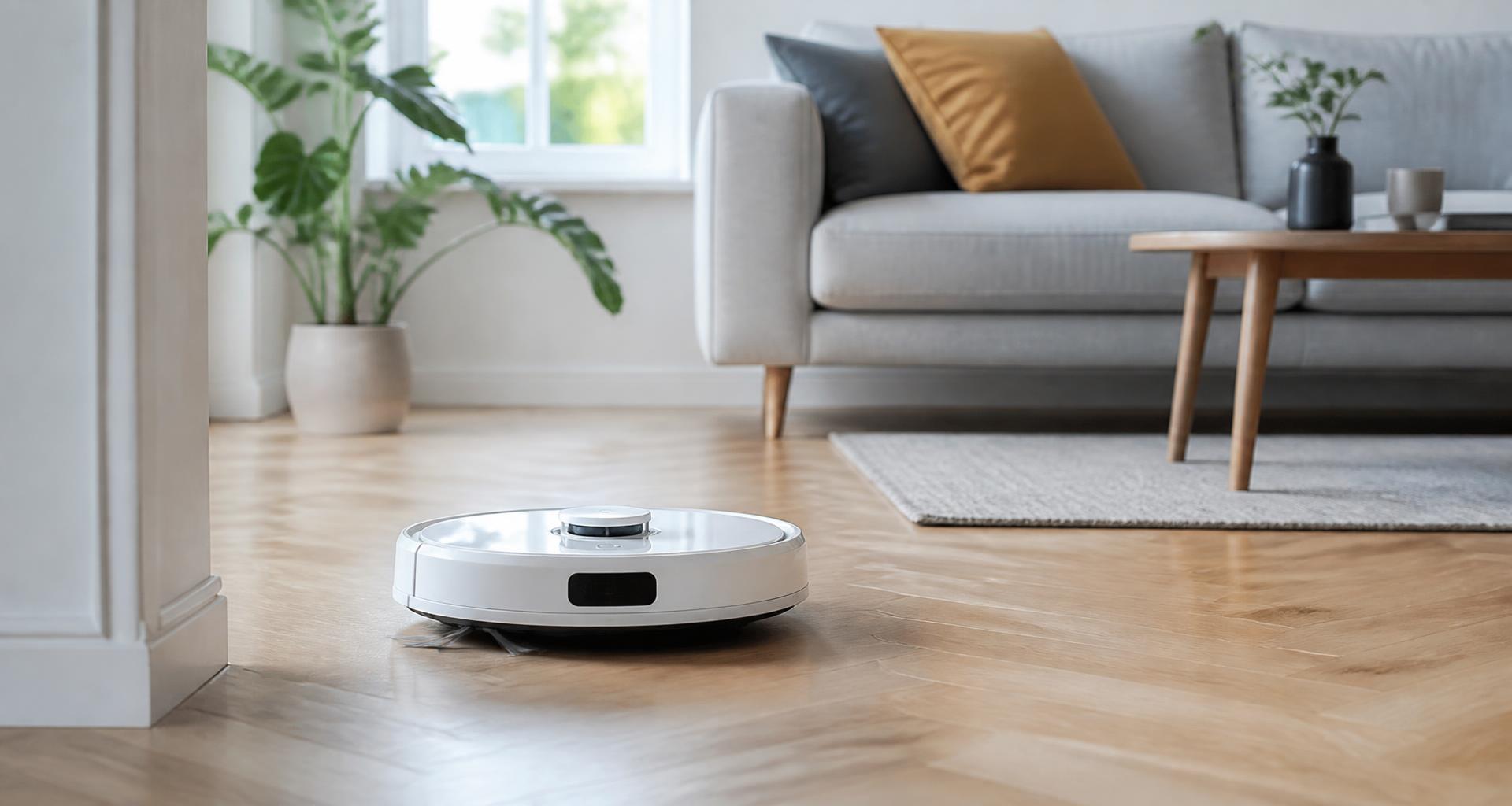 Vit robotdammsugare som städar ekparkett i ett ljust vardagsrum med soffa och krukväxt.